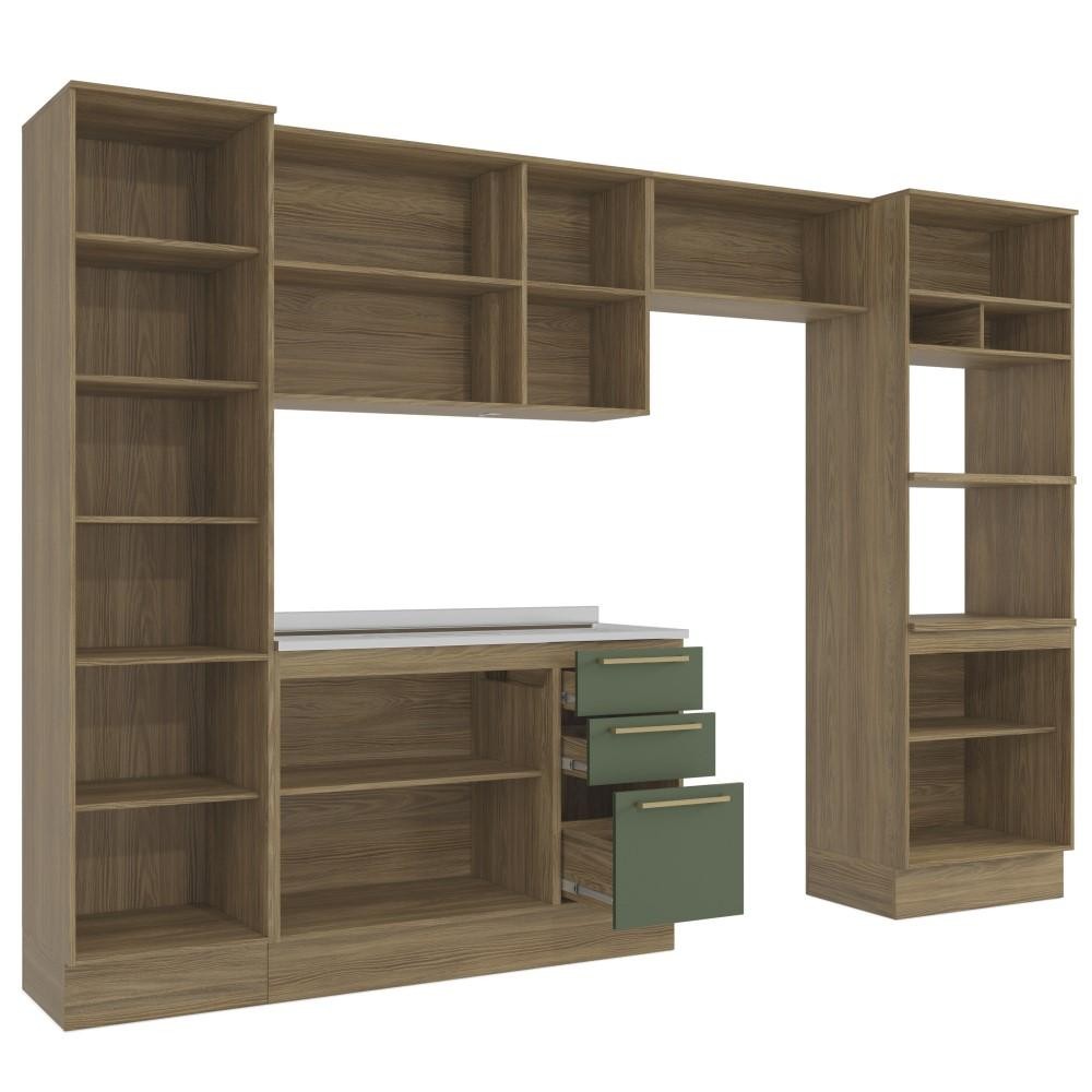 Detalhes do Cozinha Completa 5 Peças com Armário e Balcão Kappesberg Botânic 320cm Nogueira/Verde Oliva - CB895