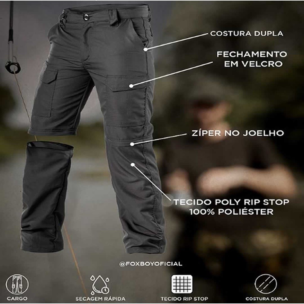 Calça Bermuda Fox Boy 6 Bolsos Poly Rip Stop Tecido Leve Seca Rápido Anti Rasgo Trilha Pesca Fishing