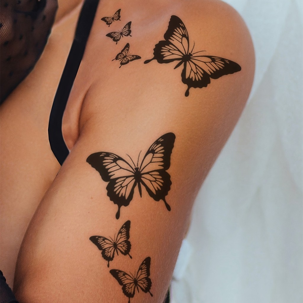 1pc Adesivo De Tatuagem Temporária De Borboleta Preta Realista , Aplicável Para Dedo , Pulso , Ombro , Pescoço , Clavícu