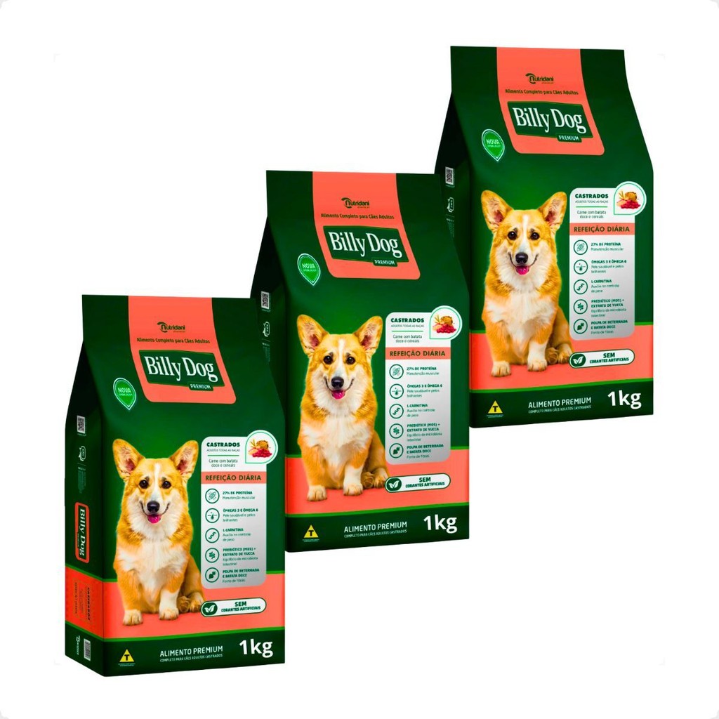 Kit 3 Ração Billy Dog Castrados 1Kg Refeição Diária Cães - Pets