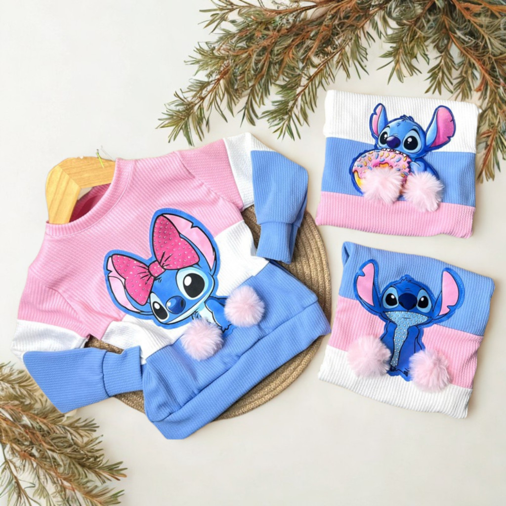 Blusa de Frio Infantil Feminina Stitch Com Pompons Quentinha Inverno