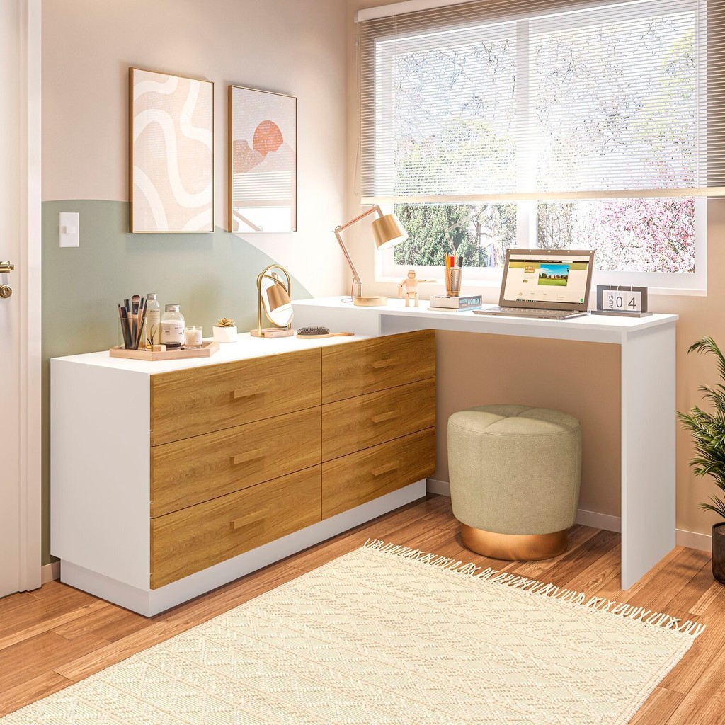 Cômoda com Escrivaninha em L com 6 Gavetas Leonie Yescasa Branco/Freijó em Oferta na Shopee