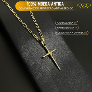 Kit Corrente Tijolinho 2mm com 65cm Fecho Boia + Pingente Cruz Amarrada de Moeda Antiga em Oferta na Shopee