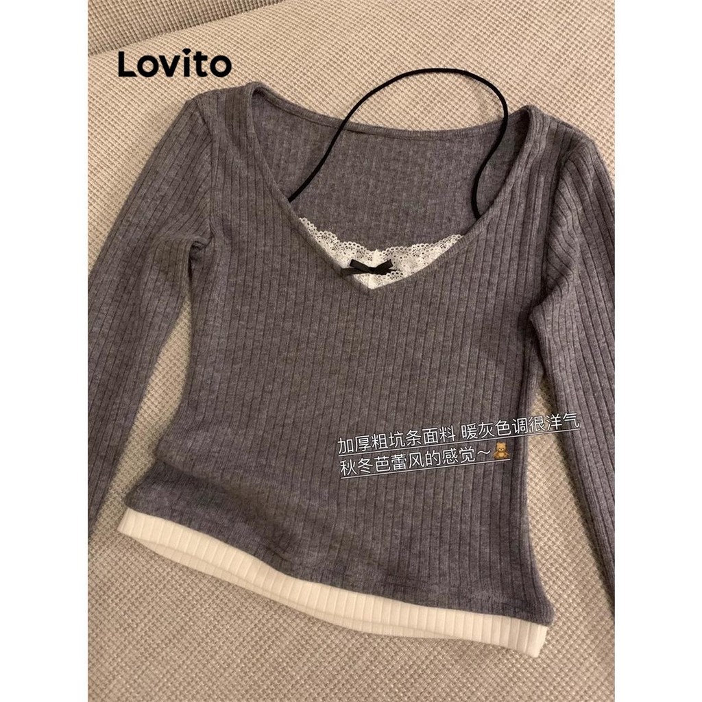 (Trendy) Lovito Camiseta Casual De Renda Lisa Para Mulheres LNA69302 - Women Clothes