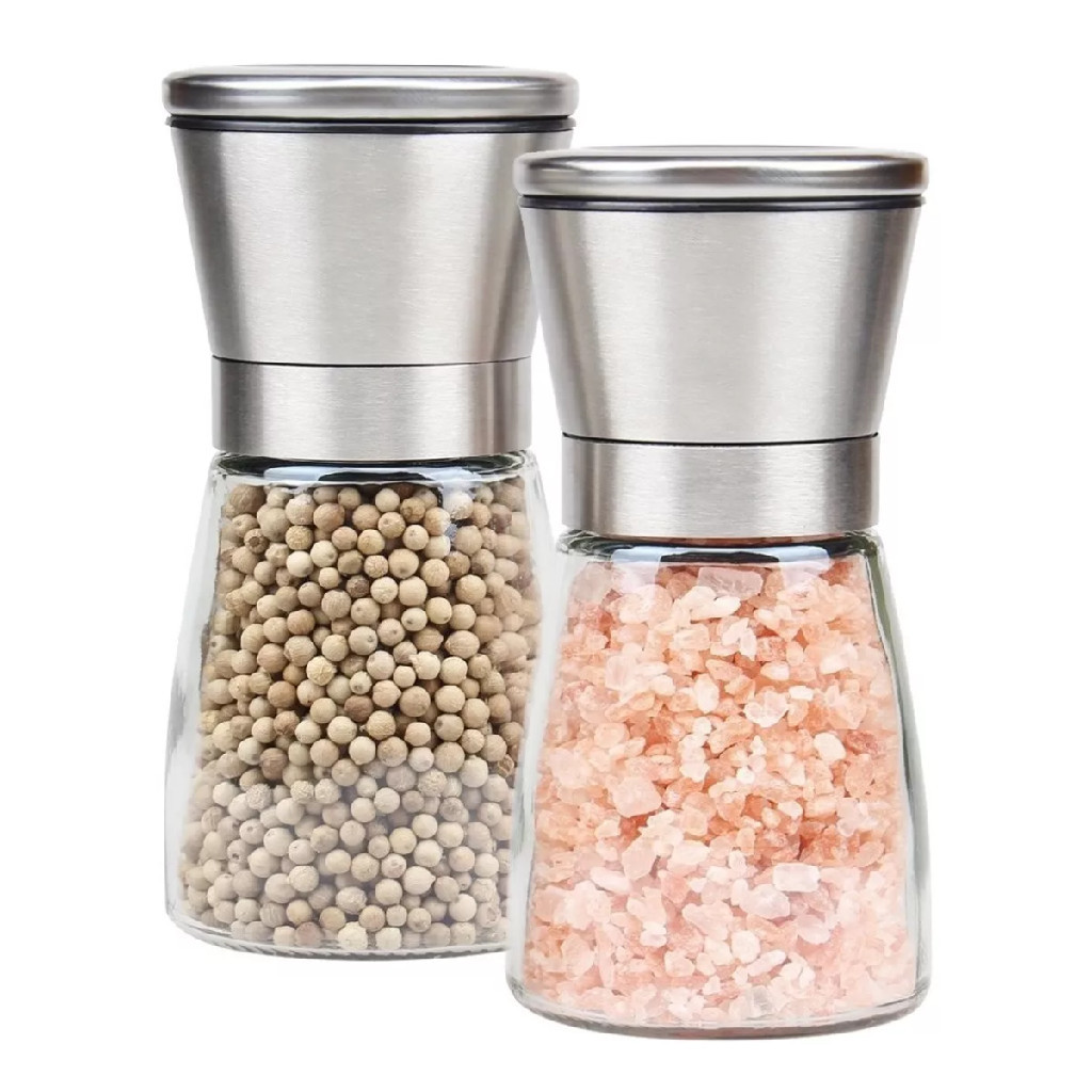 Kit 2 Moedor De Pimenta Manual Tempero Sal Vidro Inox 180 ml