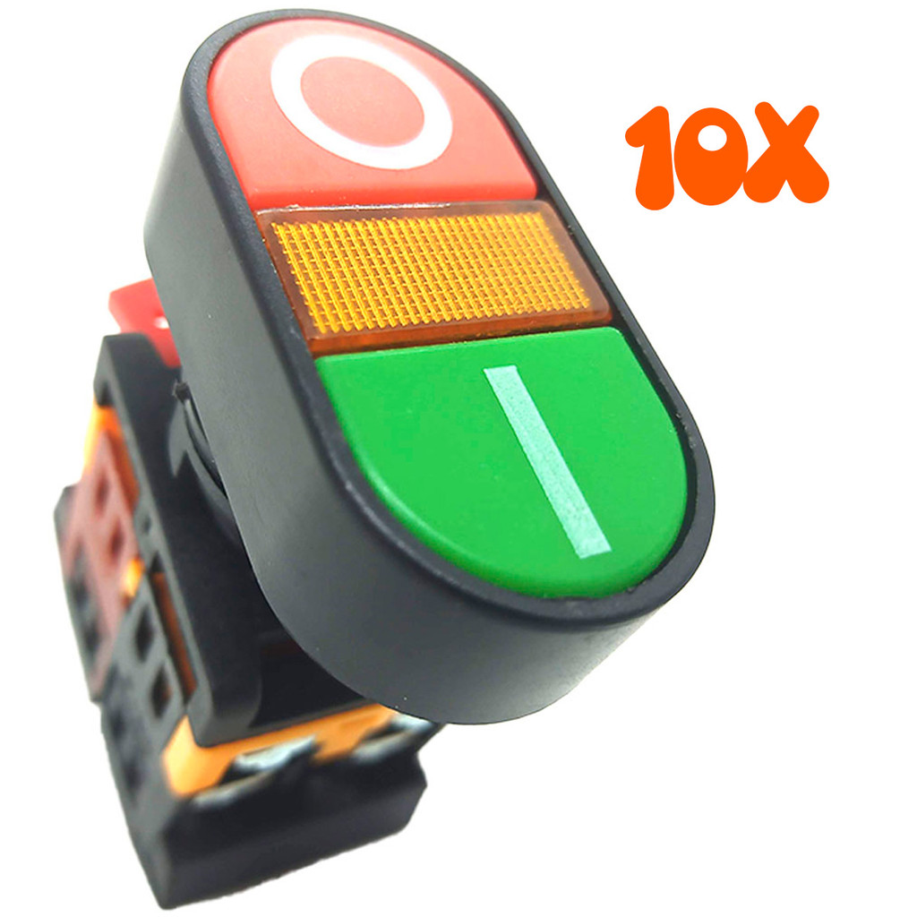 Kit 10 Botão de Comando Liga Desliga Elétrico Duplo com Iluminação 1na 1nf Pulso Apbb