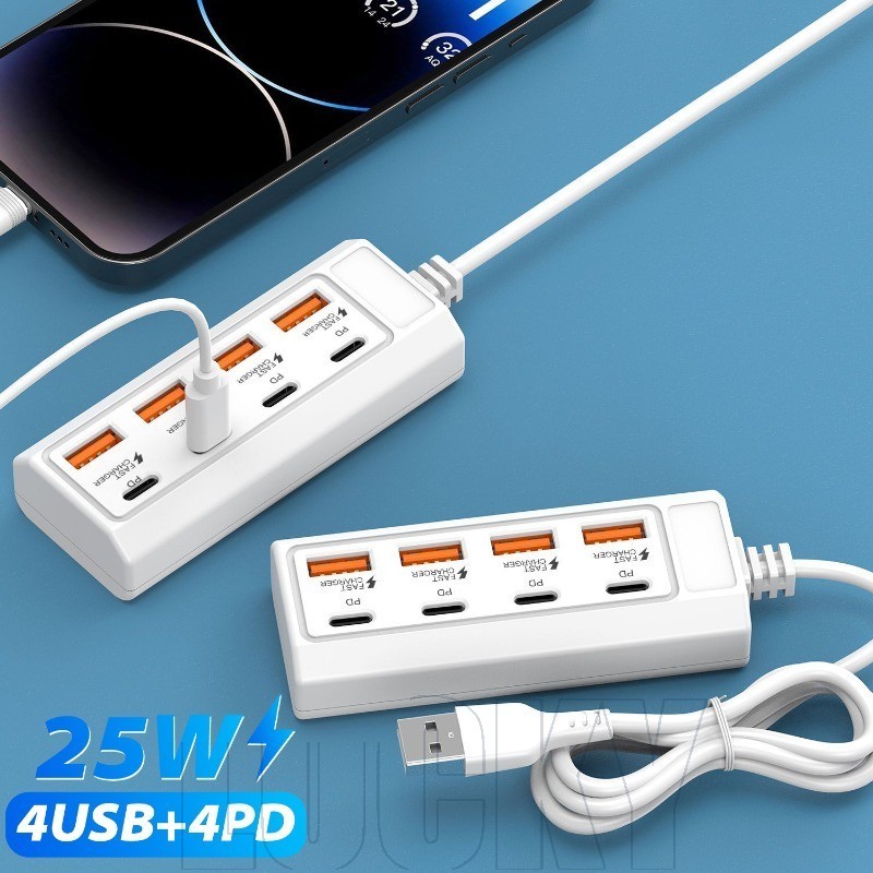 Hub USB Divisor Multiportas De 8 Portas-4 4 Tipo-C-Tomada De Cabo De Carregador De Telefone-Conversores De Carregamento 