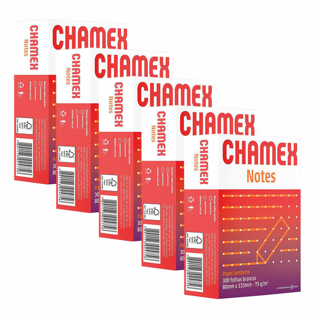 Bloco de Anotação Chamex Notes Papel 75g 80x115mm c/ 1500 folhas (5 Blocos com 300 Folhas cada)