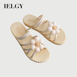 IELGY 2026 Nova Moda Flor Feminina Palha Romana Sandálias De Praia