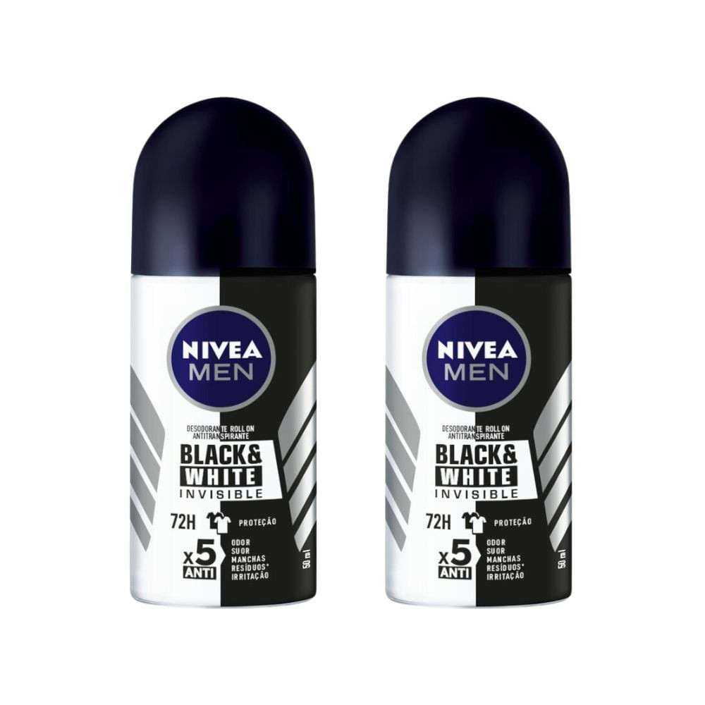 Kit 2 Desodorante Antitranspirante Roll-on Nivea Men Invisible Black & White 50ml - Beauty
