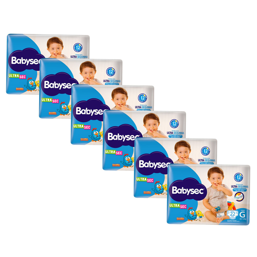 Kit 6 Fralda Babysec Ultrasec Tamanho G Pacote Jumbo 22 Unidades Descartáveis cada - Mom & Baby