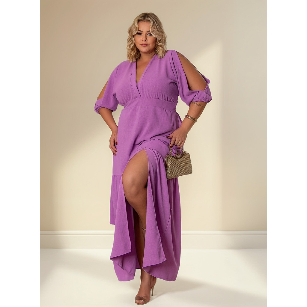 Vestido Longo Feminino Plus Size Delicado Manga 3/4 Com Fenda Premium