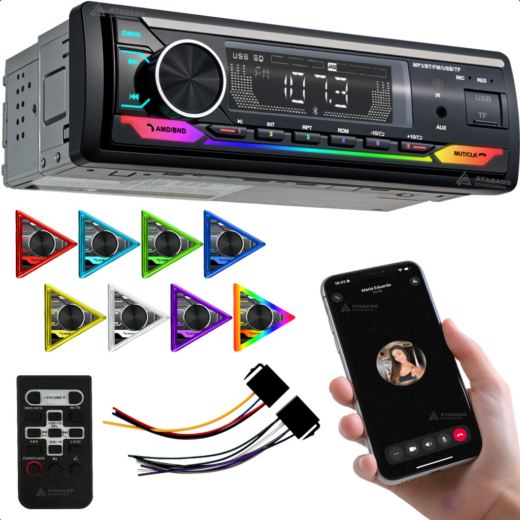 Rádio Auto Som Automotivo Aparelho MP3 Conexão Bluetooth 2 entrada USB SD Saída Subwoofer