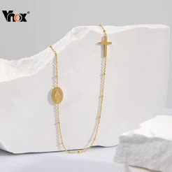 Vnox Virgem Maria Forma Pingente Jesus Cruz Bola Colares Clavícula Corrente Aço Banhado A Ouro Irregular Para Mulheres