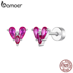 Bamoer 925 Brincos De Prata Esterlina Rosa Zircão Amor Coração Moda Anti-Alergia Jóias Presente Feminino