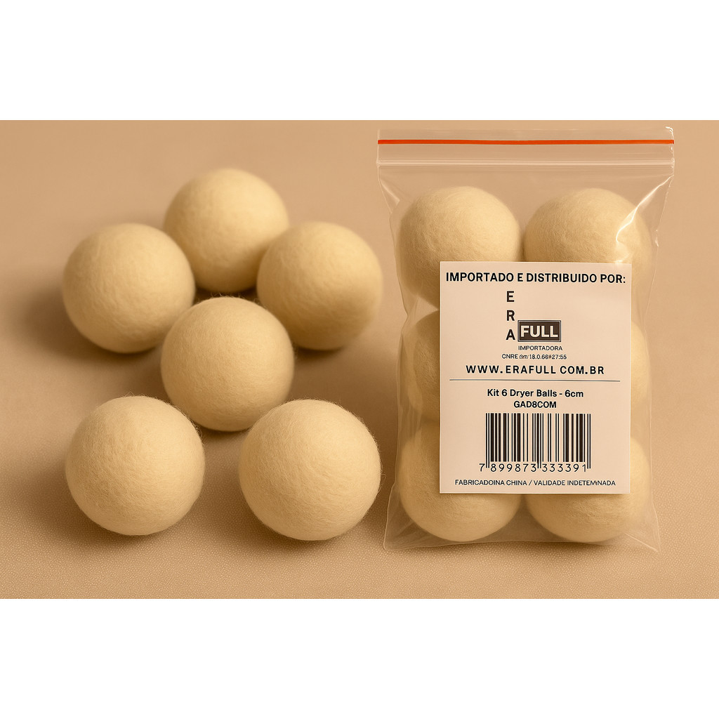 Kit 6 Dryer Balls 6cm de Lã Natural – Substitui Amaciante, Reutilizável, Antiestático e Ecológico