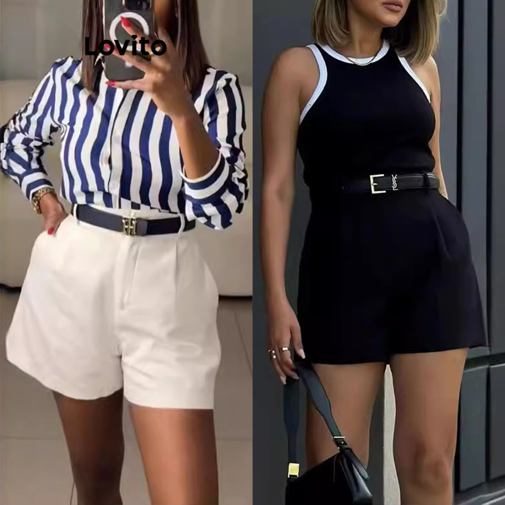 Lovito Shorts Casuais Com Bolso Liso E Linha Curta Para Mulheres LNL77057 - Women Clothes