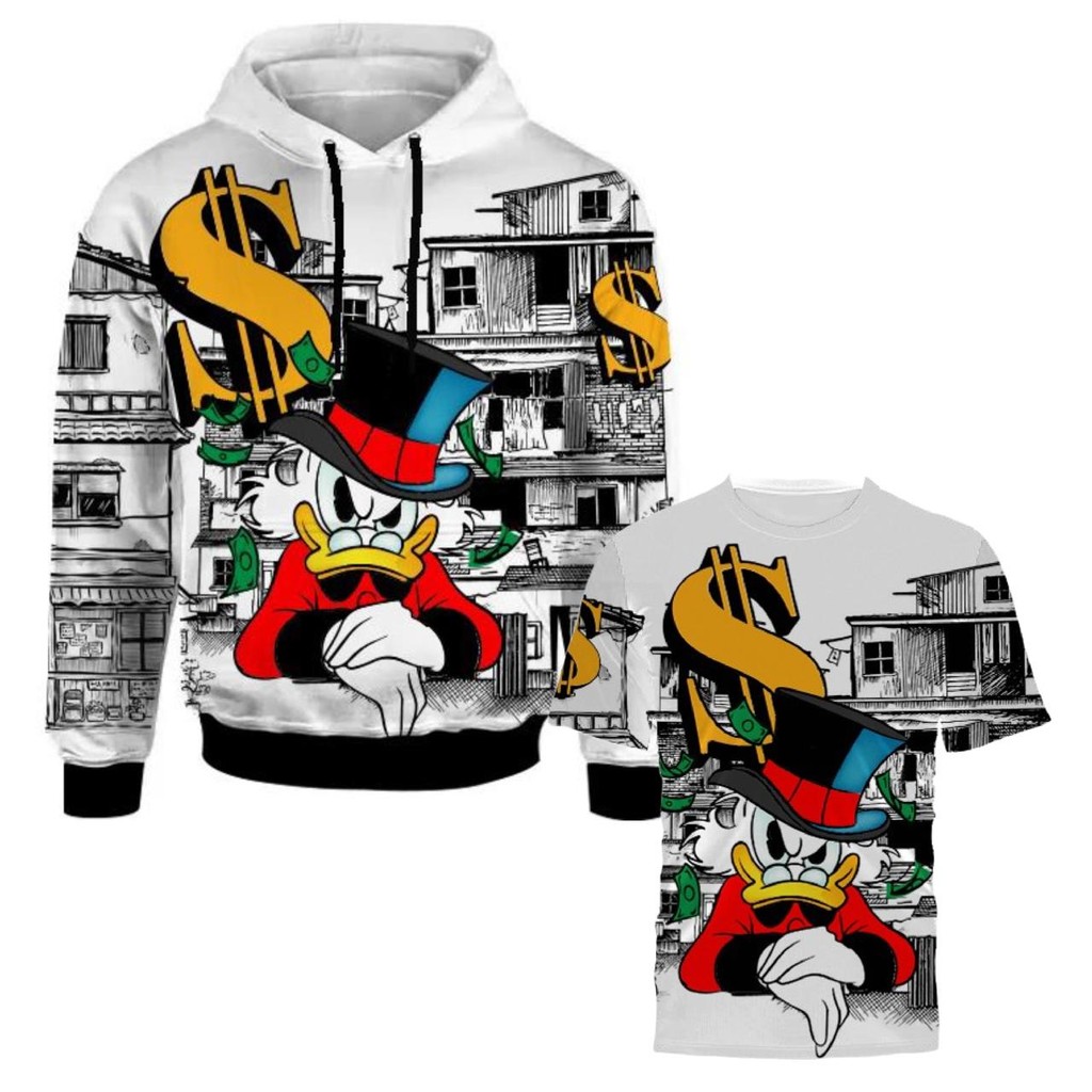 Kit Camiseta 3D + Moletom Tio Patinhas com Capuz Estilo Favela Quebradinha Poliester Estampado