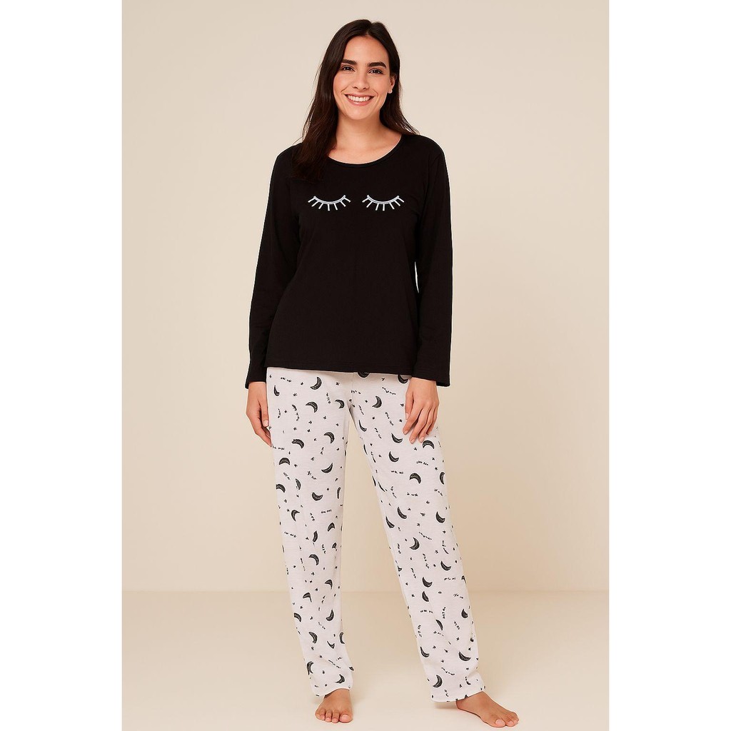 Pijama Longo Feminino Malha Adulto Manga Comprida Dejule Cilios