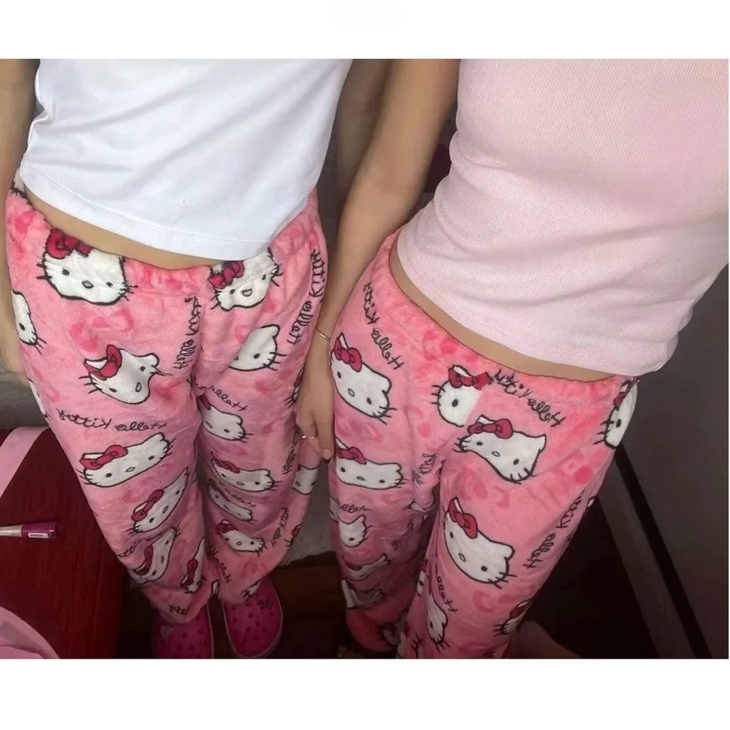Pijamas de Flanela Kawaii Sanrio Hello Kitty Anime Mulheres Calças Longas de Lã Quente Cartoon Loungewear Casual