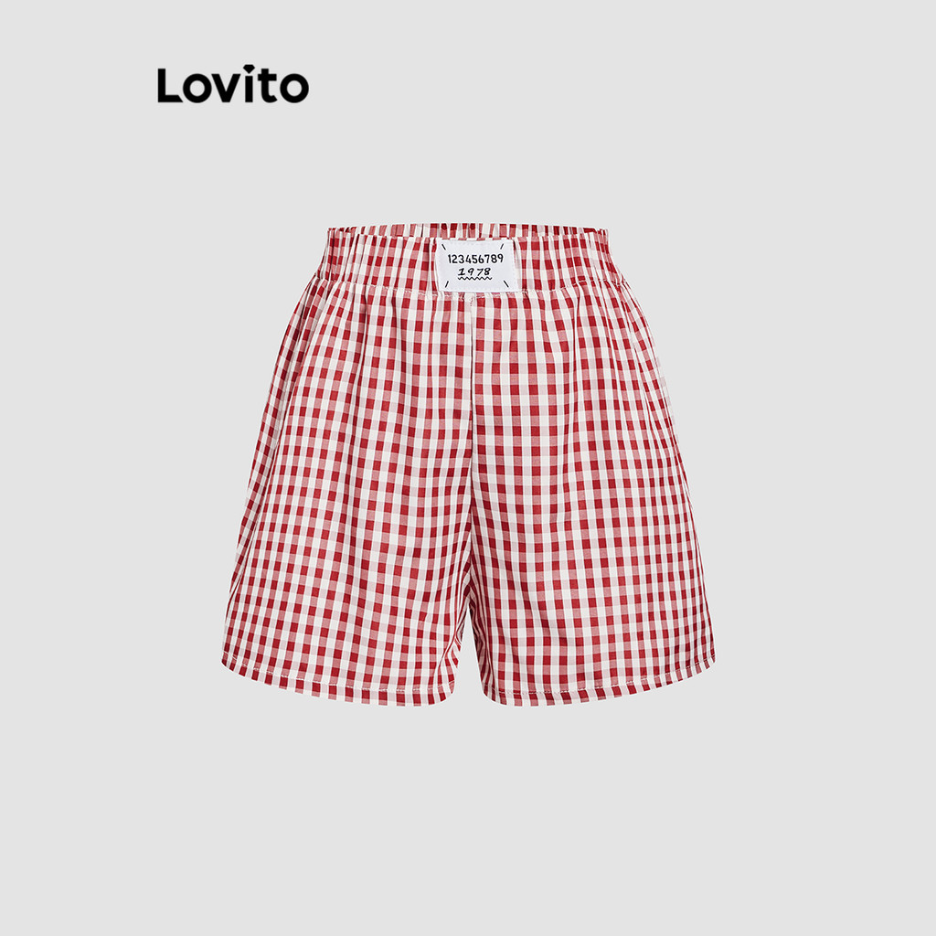 Lovito Shorts esportivos com estampa xadrez e blocos de cores para mulheres L114AD242 - Women Clothes