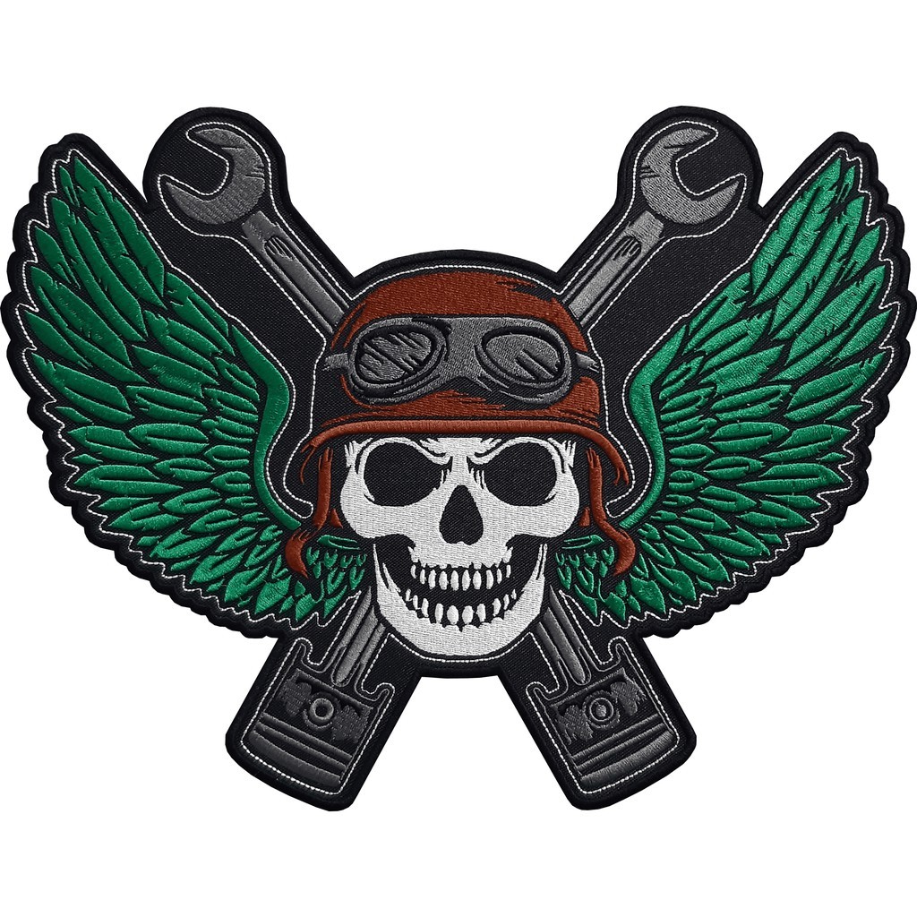 Patch Bordado Caveira Piloto Verde Skull Motociclista 30x23 Cav3