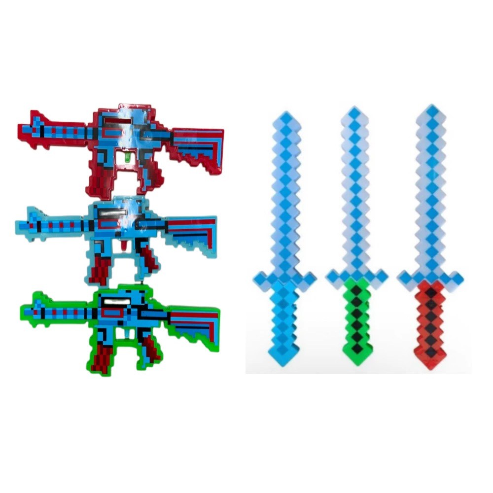 Espada de brinquedo e Metralhadora Minecraft Azul Diamante Com Som E Luz