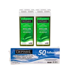 Kit 50 Folha Descartável E 2 Cera Roll-on Aloe Vera Depimiel