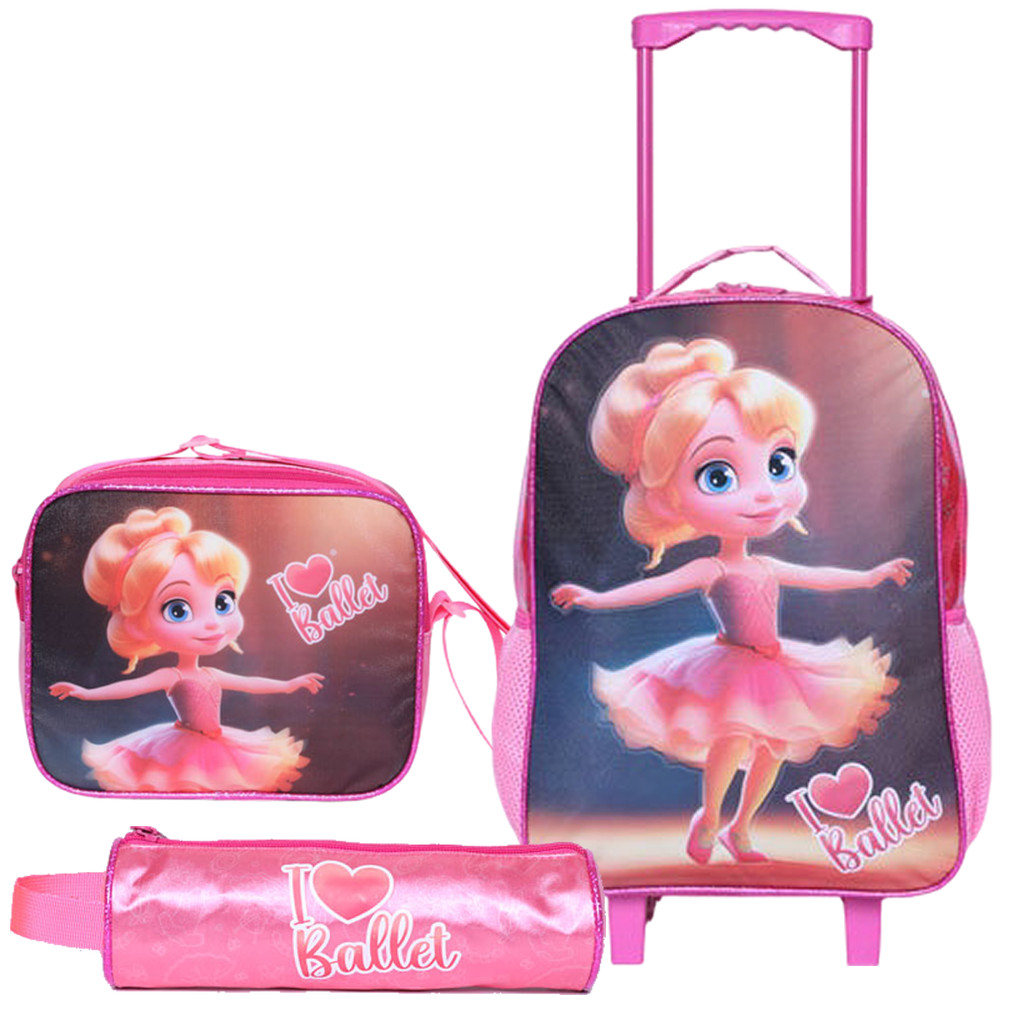 Kit Mochila de Rodinha Menina Estojo Lancheira Ballet Glitter em Oferta na Shopee