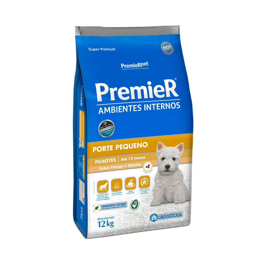 Ração Premier Filhotes raças Pequenas ambientes internos Frango e salmão 12kg