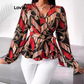 Lovito Blusa feminina com estampa de corrente elegante plus size curva com renda LNL70111 em Oferta na Shopee