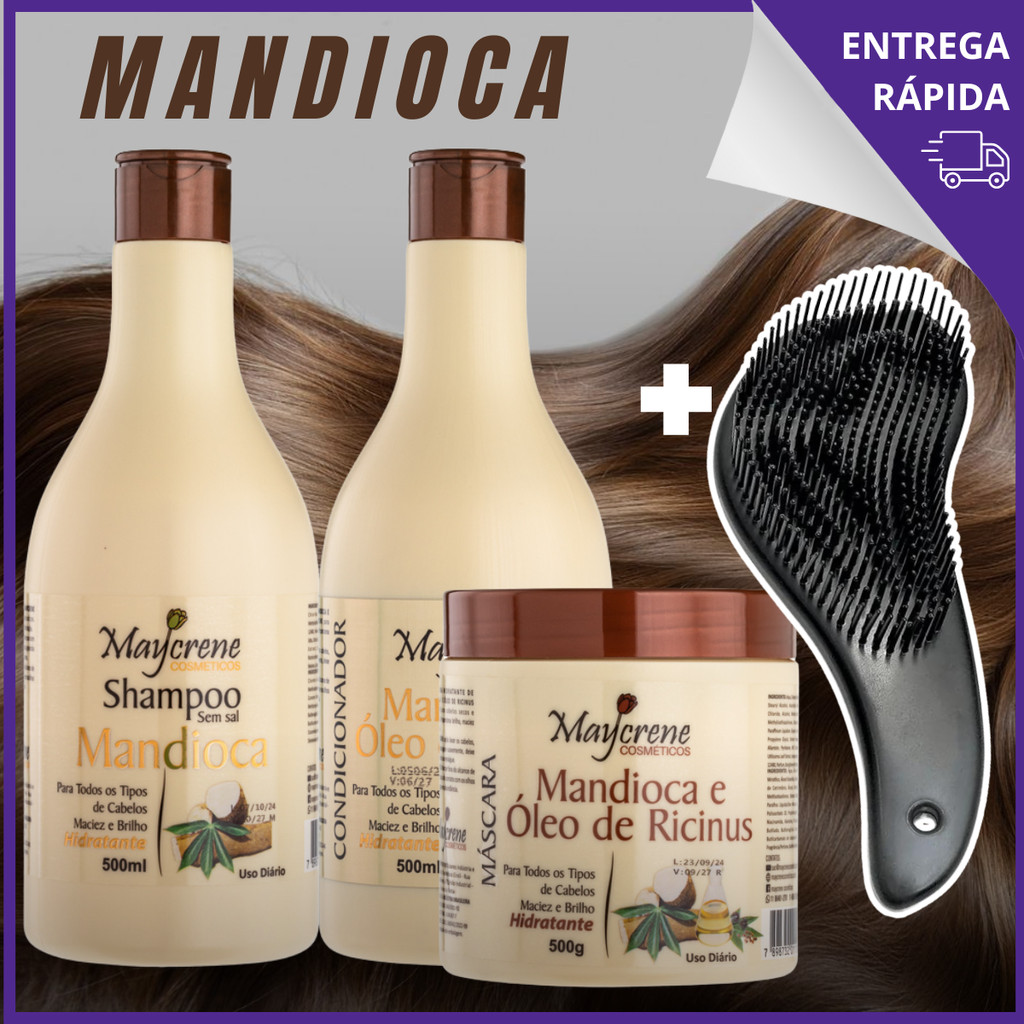 Kit Mandioca Shampoo Condicionador E Máscara + Escova Mágica 500ml Maycrene em Oferta na Shopee