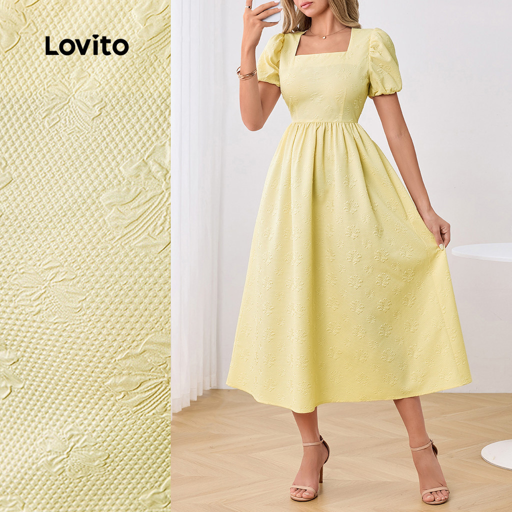 Lovito Vestido Casual Liso Jacquard Primavera/Verão Amarelo Para Mulheres LBL25295 - Women Clothes