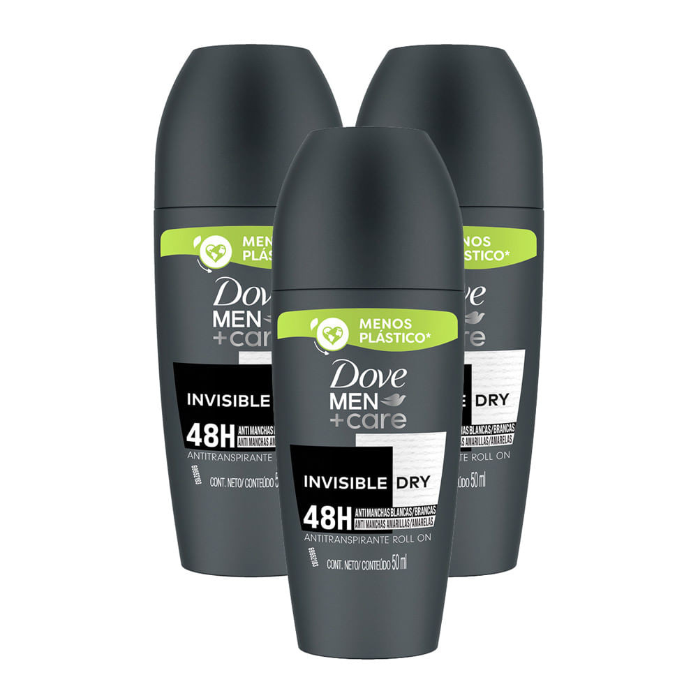 Kit 3 Desodorante Dove Men + Care Invisible Dry Roll-on Antitranspirante 48h com 50ml - Beauty