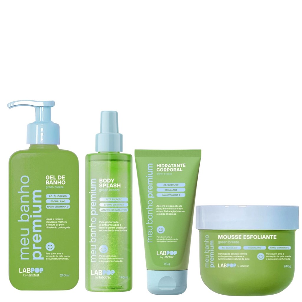 Kit Meu Banho Premium Green Breeze Esfoliante, Hidratante, Body e Gel Labpop By Labotrat Hidratação em Oferta na Shopee