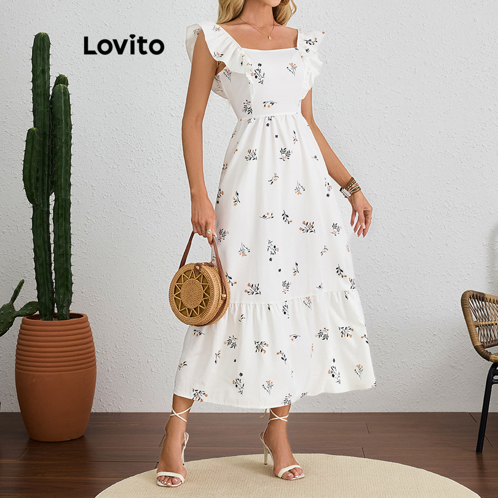 Lovito Vestido Elegante Ditsy Vestido Floral Com Babados Para Mulheres LBL19281 - Women Clothes