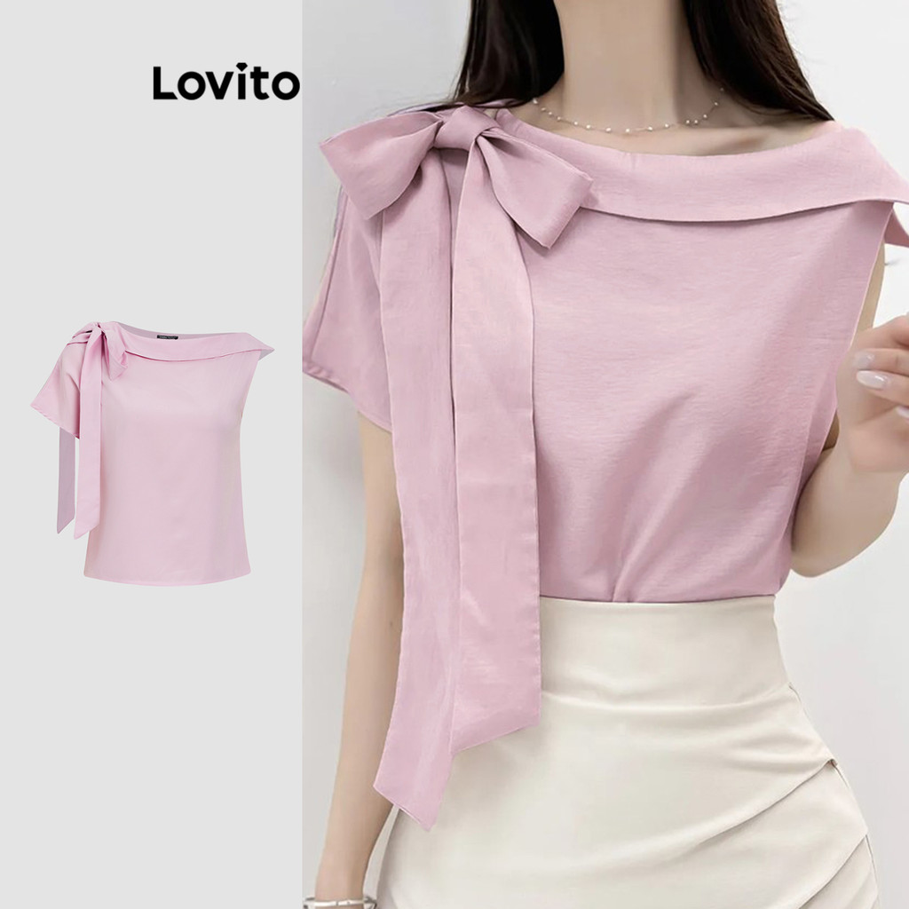 Lovito Blusa elegante lisa assimétrica com amarração frontal para mulheres L113MD140 - Women Clothes