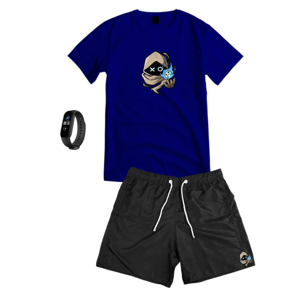 Conjunto Kit Masculino GAMER Camisa 100% Algodão + Bermuda Tactel Estampada + Relogio Digital