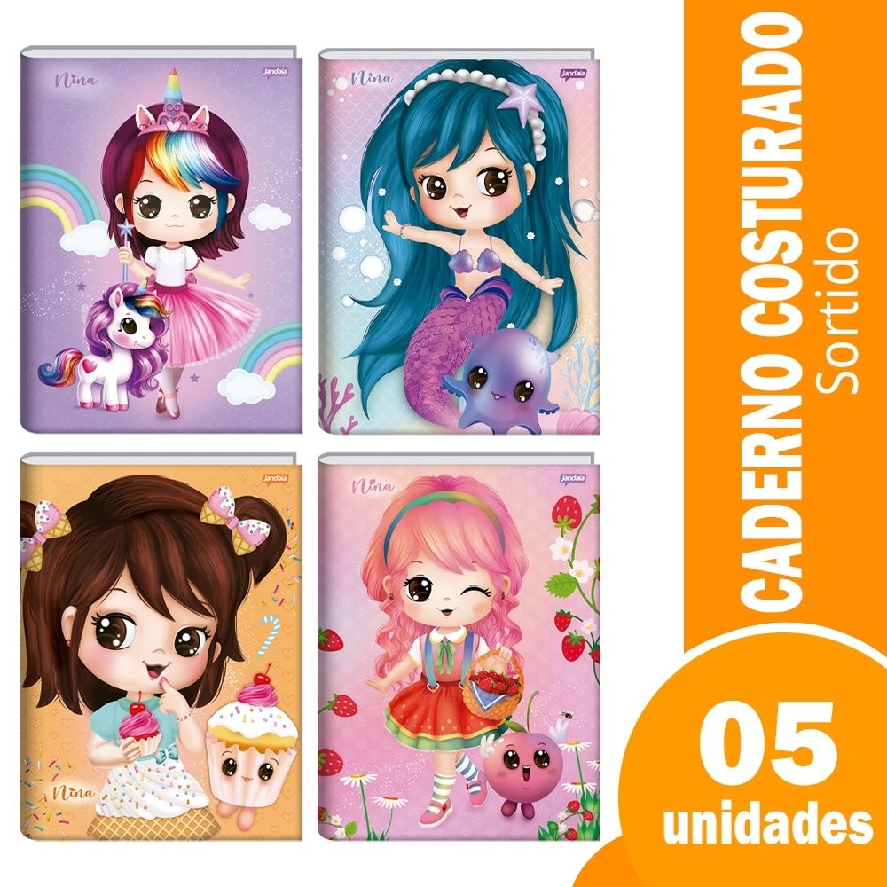 Caderno Costurado Jandaia Universitário Capa Dura Nina 80 Folhas - Embalagem com 5 Unidades (Sortidos) em Oferta na Shopee