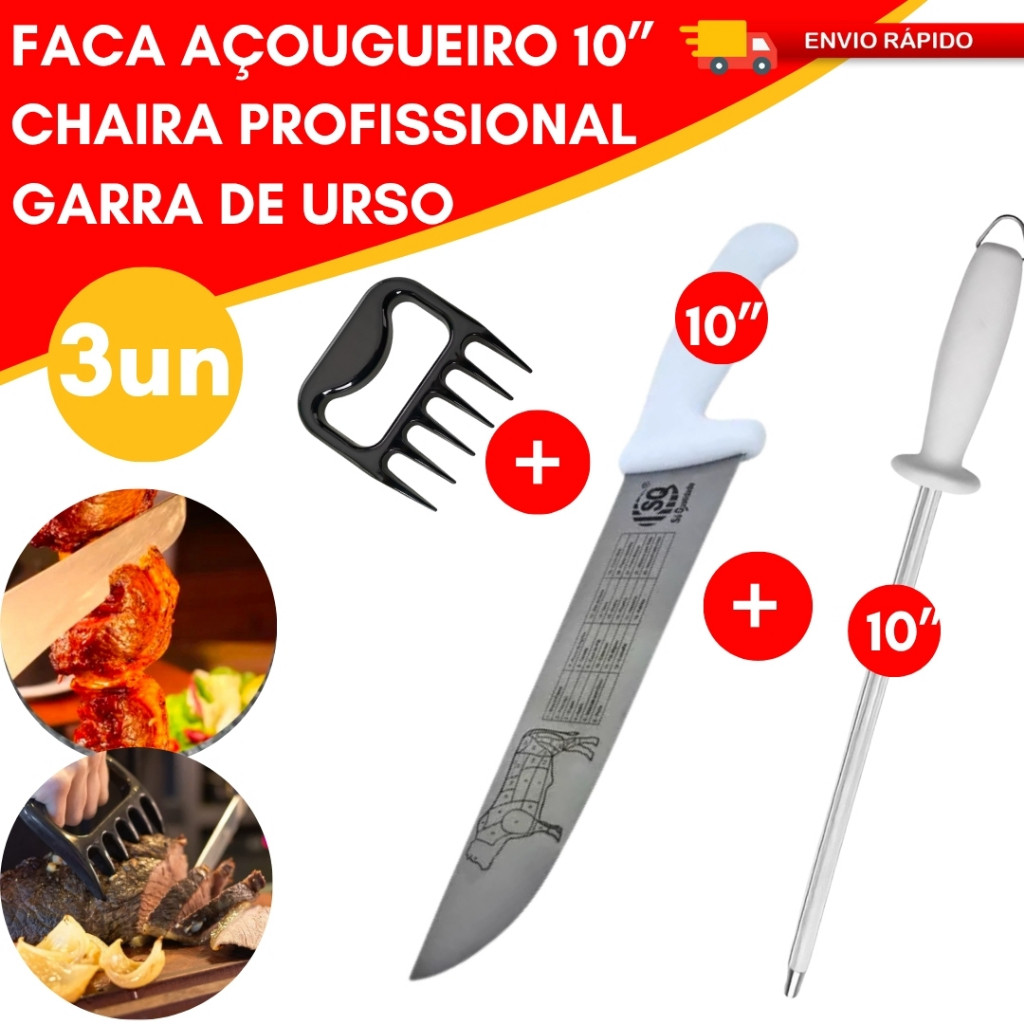 Kit Profissional Faca 10 Polegadas Chaira 10 Polegadas Garra de Urso Churrascaria Restaurante em Oferta na Shopee