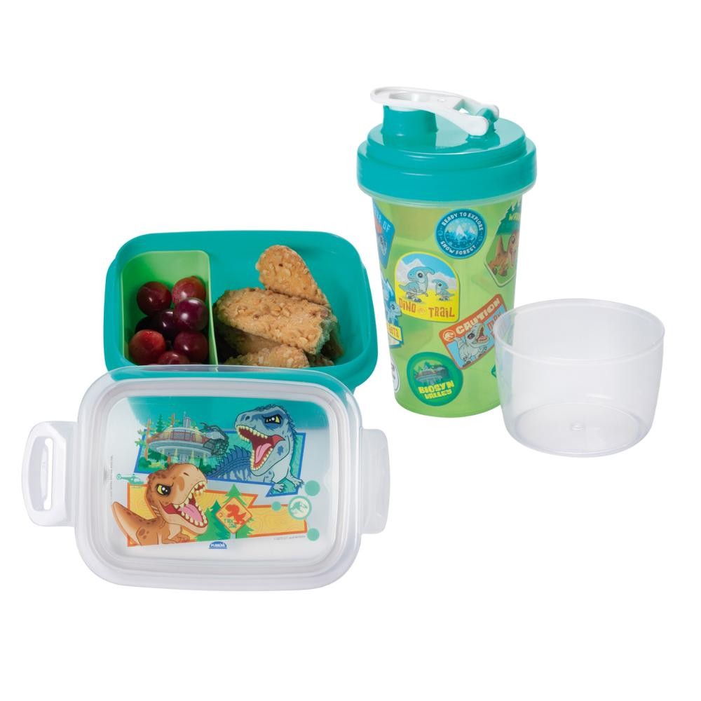 Kit para Lancheira Jurassic Explorer Volta à Aulas 2 Peças 1 Pote Marmita 1 Garrafa Mini Shakeira Dinossauro Plasútil em Oferta na Shopee