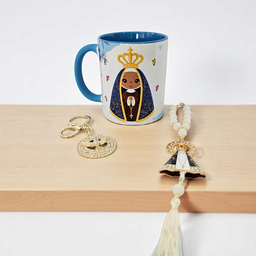 Caneca Nossa Senhora Aparecida + Chaveiro Metal + Terço