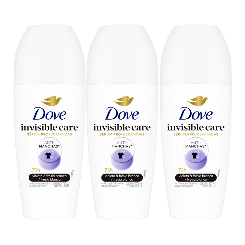 Kit 3 Desodorante Dove Invisible Care Roll-on Antitranspirante Violeta e Frésia Branca 50ml - Beauty