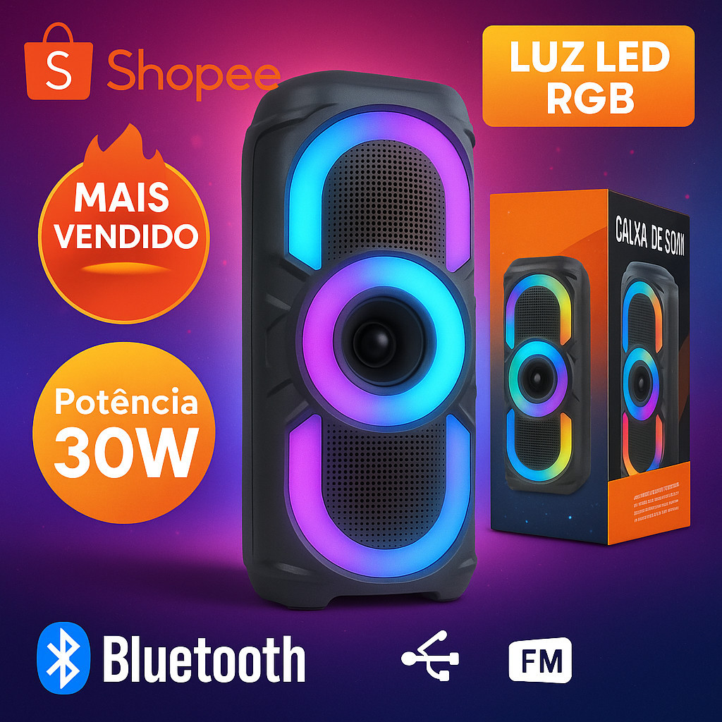 Caixa de Som Bluetooth 50W Portátil Potente LED RGB USB/FM TWS Karaokê com Entrada P/ Microfone em Oferta na Shopee