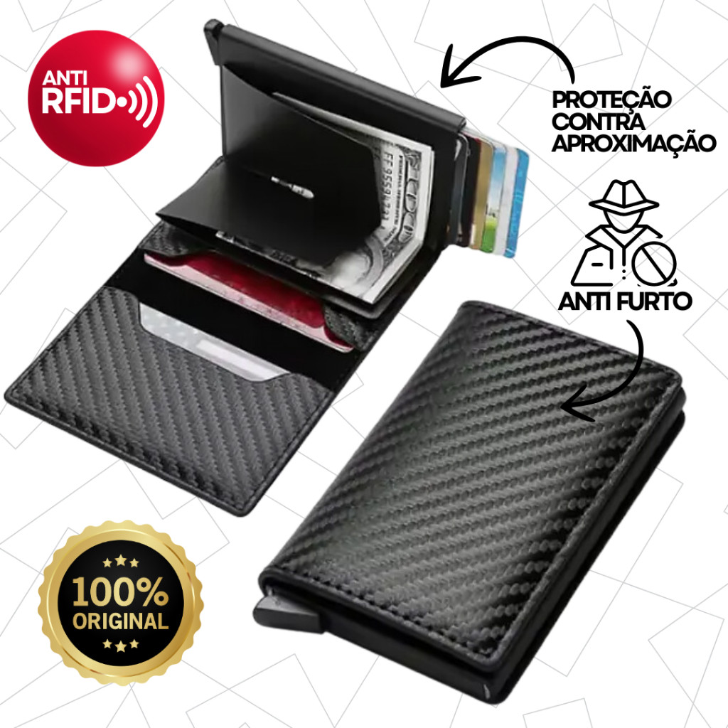 Carteira Mágica Tripla Masculina Slim Fibra De Carbono Preta Couro Porta Cartões Proteção RFID em Oferta na Shopee