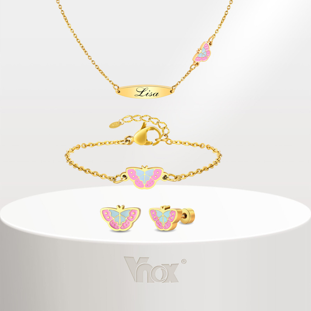 Vnox Crianças Rosa Borboleta Colar Pulseira Eerring Conjunto , De Jóias De Ouro Personalizado Para Bebê Menina Menino Re em Oferta na Shopee
