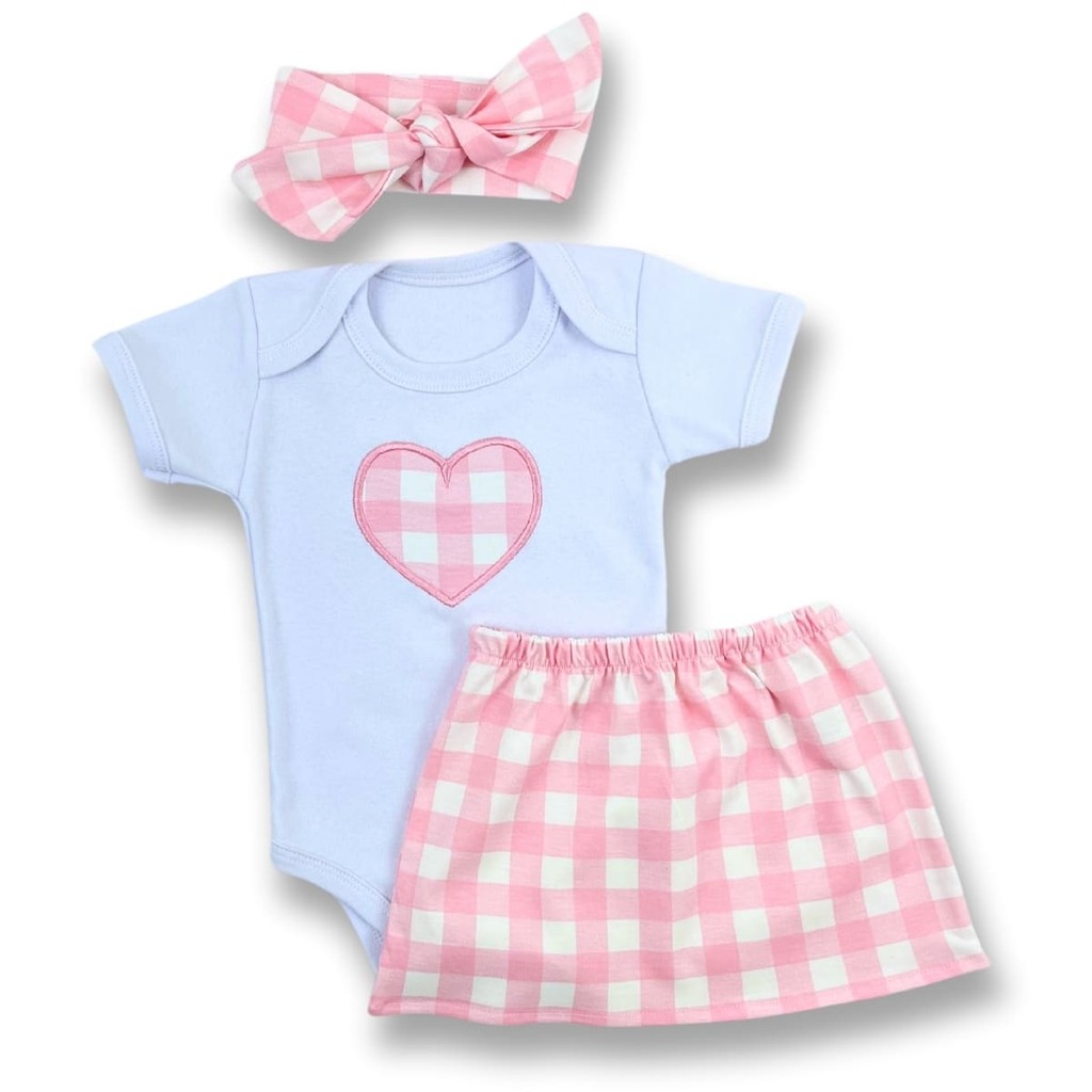 Conjunto Roupa Bebê Menina Body Manga Curta com Saia e Faixa de Cabelo Moda Blogueirinha Diva Mêsversário c20056