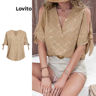 Lovito Blusa elegante com corte de metal e textura de laço geométrico para mulheres L99ED994 em Oferta na Shopee