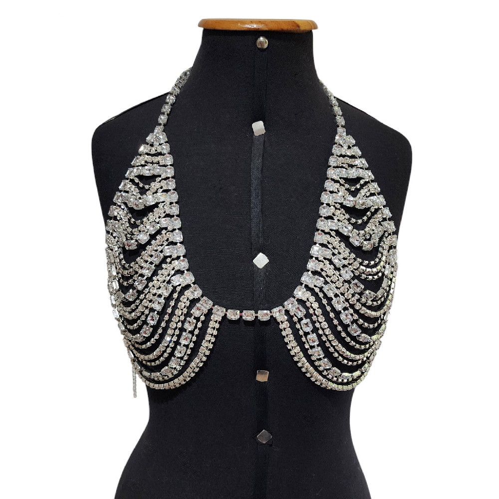 Top Carnaval fetival  sutiã prata em Strass e Pedrarias brilho luxo glamour festa body chain cropped Betty