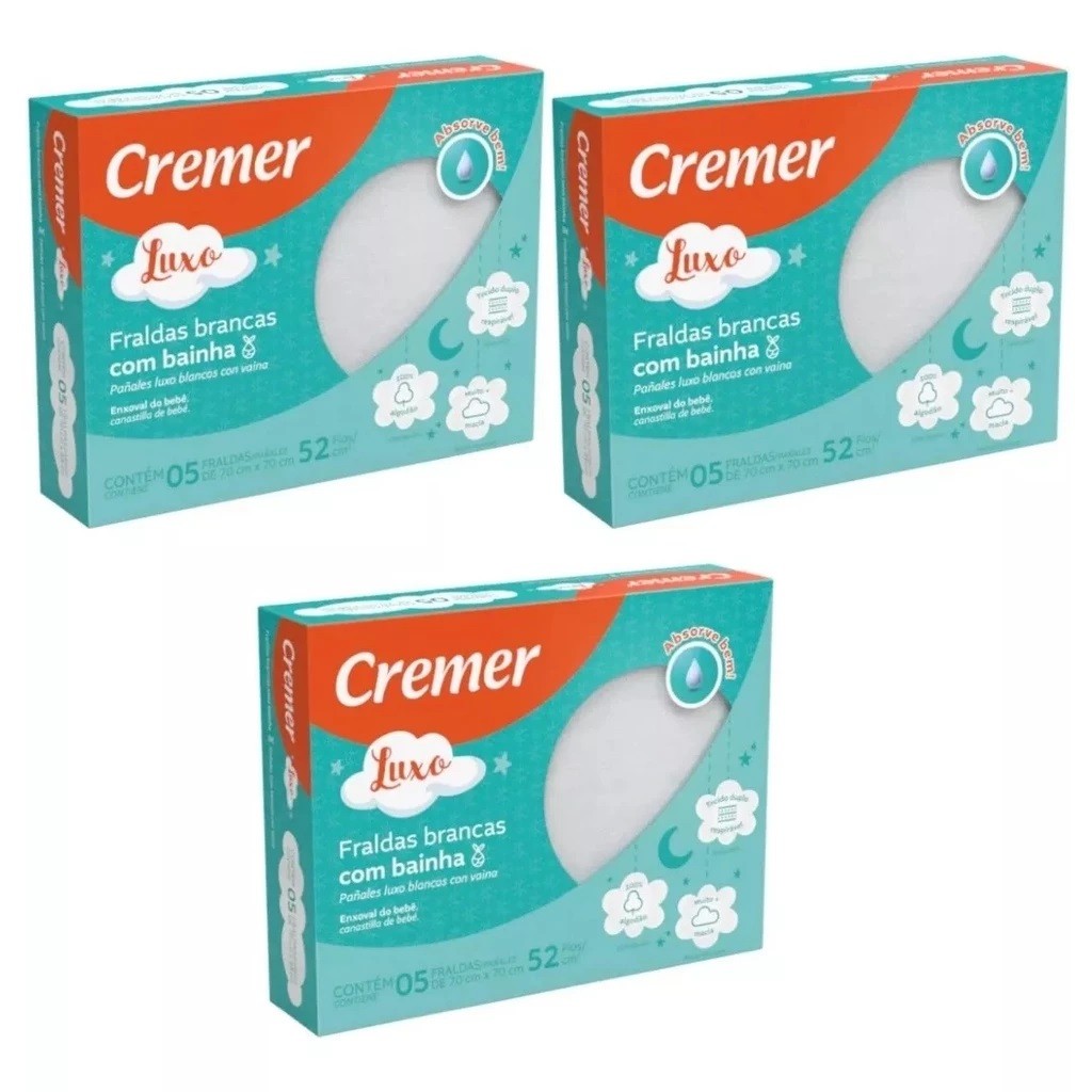 Fralda De Pano Luxo Branca Com Bainha Cremer 3 Caixas